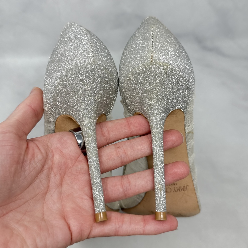 Jimmy Choo Silver and Ivory Glitter Mesh Pointed-Toe Heels - Picture 11 of 16